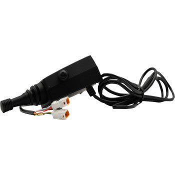 The Can-Am Defender Turn Signal Stalk Lever by Ravek features a black electronic design with a thick cable and white/orange connectors, offering plug-and-play installation as an ideal turn signal switch for your vehicle. Shown on a white background.