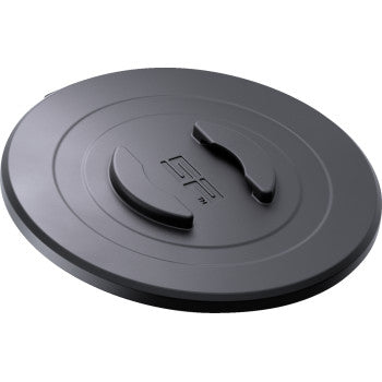 A black, round plastic lens cap with a textured grip and raised logo in the center features magnetic alignment for secure mounting and seamless compatibility with the Mag-Align SPC+ Adapter by Sp Connect, designed to protect your camera lens.