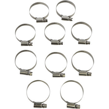 Ten Parts Unlimited Embossed Hose Clamps (25-40 mm) are arranged on a white background. Each hose clamp features a screw mechanism for easy adjustment and a low-profile band design for corrosion resistance.