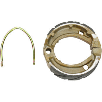 Ebc Brake Shoes, featuring a metallic curved friction surface, are shown with a U-shaped brake shoe spring—components commonly used in motorcycle or scooter brake assemblies. Some sets use die-cast aluminum for greater durability.