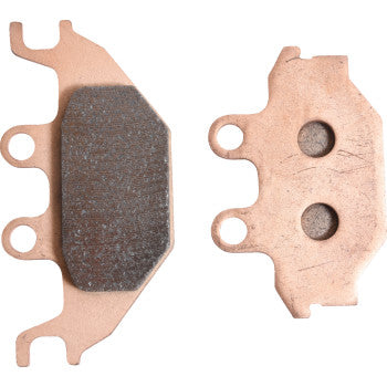 Two Sintered Brake Pads by All Balls are shown: one displays the friction material; the other shows an irregularly shaped backing plate with two circular holes and mounting tabs for a precise fit.