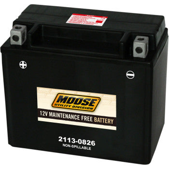 Black rectangular AGM battery with metal terminals, yellow Moose Offroad label, and maintenance-free 12V specs.