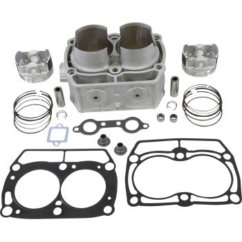 Aluminum high-compression Polaris cylinder kit with twin cylinder bores, two pistons, piston rings, gaskets, and small metal