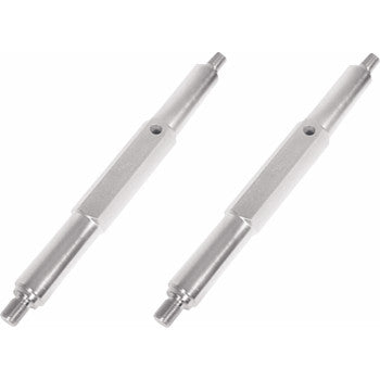 Two Holder Cylinder Head 12 mm 14 mm by Pingel, featuring hexagonal centers and cylindrical ends, are placed parallel on a white background—ideal for use as cylinder head holders or in head work.
