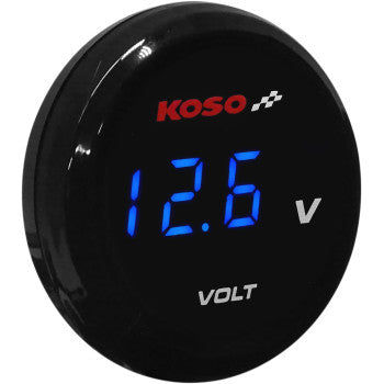 The I Gear Volt Meter by Koso North America features blue digital digits on a compact 1.57 diameter display and measures voltage, with KOSO branding and a checkered flag graphic on its round black face.