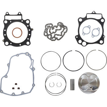 The Honda Top End Piston Kit 95.95 mm for TRX R ER by Vertex includes a cast piston kit, gaskets, piston rings, timing chain, O-rings, pins, and various components—ideal for engine top end rebuilds.