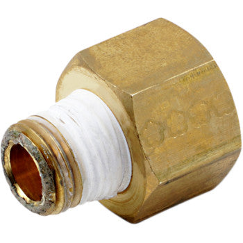 The Adapter Hex 3/8 Female 1/4 Male by Kleinn is a brass pipe fitting with a hexagonal nut and threaded ends for secure plumbing connections, ideal for use as an NPT air-fitting adapter.