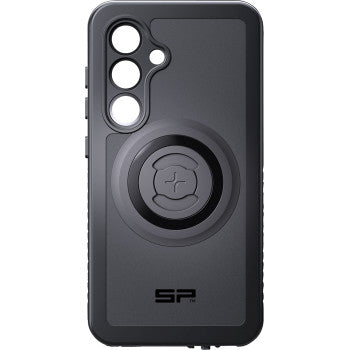 The Xtreme SPC+ Case S25 by Sp Connect is a black smartphone case featuring three top-left camera cutouts, a central circular mount, SP branding at the bottom, and MagSafe compatibility for easy wireless charging.