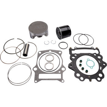 Yamaha Top End Kit 102.00 mm by Wsm displayed on a white background, featuring a piston kit with rings, gaskets, a small cylindrical filter, and various metal and rubber sealing components.