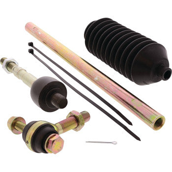 The Tie Rod End Kit Right Hand by Moose Offroad includes metal rods, tie-rod ends, rubber bellows, ball joints, zip ties, and a cotter pin, all arranged on a white background.