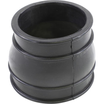 The Polaris Replacement Intake Boot by Quad Logic is a black rubber connector with a barrel-shaped body, two raised middle rings, and an integrated seal—designed for secure pipe or tube connections.