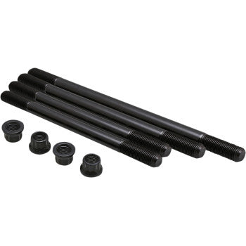 The Honda Stud and Nut Kit Cylinder by Kibblewhite includes four black metal studs with rolled threads on both ends and four matching black hex nuts, all displayed on a white background.
