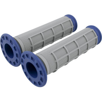 Two Renthal ATV Dual Compound Grips in blue feature a half waffle grid pattern and flared ends, shown side by side on a white background.