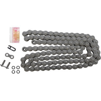 A silver 520 VX3 Chain 110 Links by DID is laid out flat on a white background, with master links, connecting pins, O-rings, and a small packet of grease arranged beside it.
