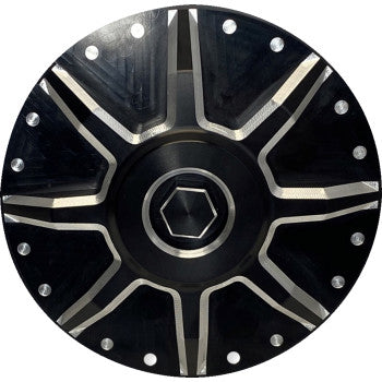 Black round Can Am billet airbox cover with silver radial accents and central hex bolt design.