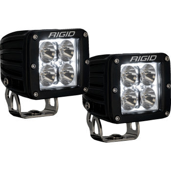Two black, square Radiance Light Pods by Rigid Industries, each with four LEDs and metal brackets; IP68 rated for all-weather use and protected against over/under voltage for reliable performance.