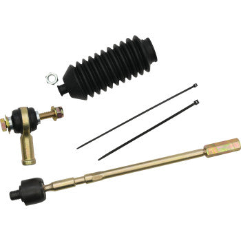 The Tie Rod End Kit Right Hand by Moose Offroad includes heavy-duty tie-rod ends, a ball joint, black rubber boot, washer, and two black zip ties—displayed neatly on a white background.
