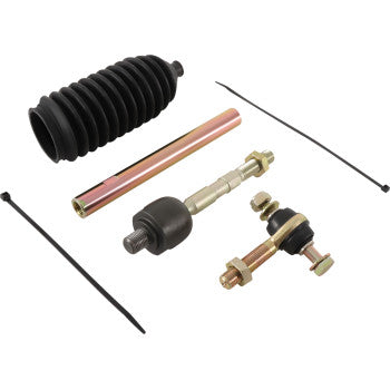 The Tie Rod End Kit by Moose Offroad features heavy-duty steering rack parts, including a black rubber boot, metal rods, OEM replacement tie-rod ends with bolts, and two black zip ties shown on a white background.