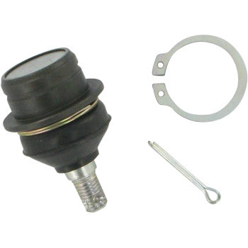 The Ball Joint Upper Lower by Epi, shown in black with a threaded end, is pictured next to a circular snap ring and silver cotter pin on a white background—an OEM-quality choice for reliable replacement.