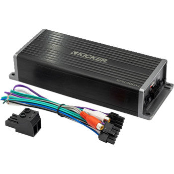 A black Kicker Amplifier 4 Channel 300 with Weather Resistant finish is shown with a bundle of multicolored wires, audio connectors, and connector block; it features a built-in crossover for superior sound control.