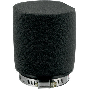 The Pod Air Filter Black Centered by Uni Filter is a cylindrical black foam filter with a urethane base and metal clamp for secure attachment, designed to deliver maximum airflow in engines or air intake systems.