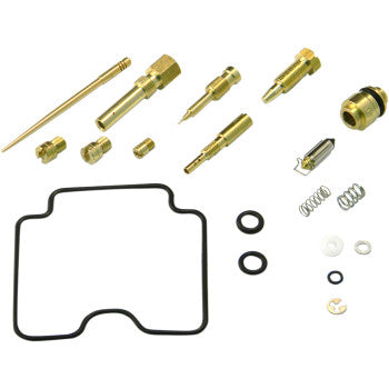 The Yamaha Carburetor Repair Kit by Shindy includes main and pilot jets, brass needles, springs, O-rings, gaskets, and small fittings, all displayed on a white background.