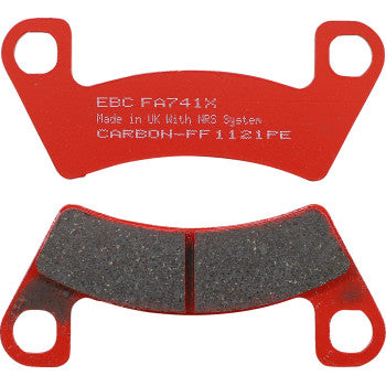 Red metal sport brake pads with black friction material and mounting holes, curved shape for offroad use.
