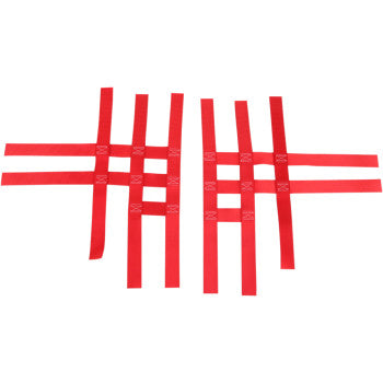 Two Honda - Yamaha Nerf Bar Net Red by Motorsport Products are shown, each with a grid pattern of red woven nylon straps, symmetrically arranged on a white background.