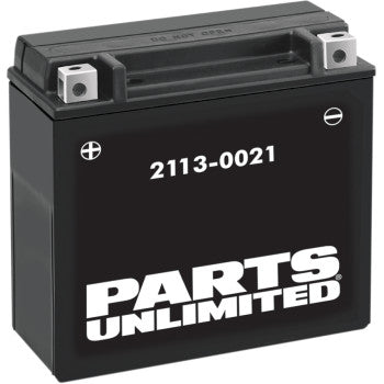 Black rectangular AGM battery with silver terminal posts and white Parts Unlimited logo on front.