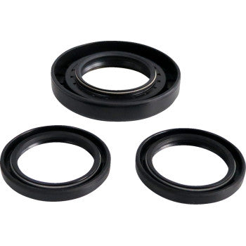 Three black oil-resistant seals of varying sizes from the Differential Seal Kit Rear by Epi are arranged on a white background, with one above the other two. These NBR seals ensure reliable performance for automotive or differential rebuilds.