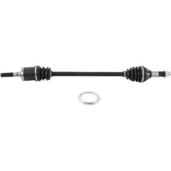 The Can Am Maverick Axle Kit Complete 8 Ball Extreme Duty Front Right by All Balls features a durable black chromoly shaft with rubber boots on both ends and a circular metal ring, all displayed on a white background for enhanced strength.