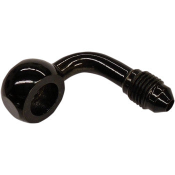 The Banjo Fitting 10 mm AN3 90° Black by Magnum Shielding features a black, curved metal design with a ball-shaped end and threaded end, ideal for automotive or hydraulic fluid connections.