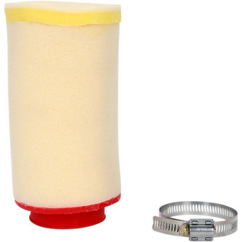 The Polaris Foam Air Filter by No Toil, featuring a red base and yellow top, is shown alongside a metal hose clamp on a white background—perfect for upgrading your air filtration system.