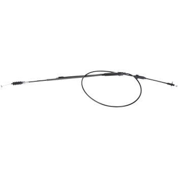 The Polaris Black Vinyl Throttle Cable by Moose Offroad has a black PVC outer jacket and steel inner casing, metal ends, a flexible coiled sheath on one side, and a looped middle section. Shown isolated on a white background.