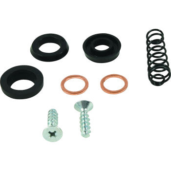 The All Balls Brake Master Cylinder Rebuild Kit Front includes two screws, a metal spring, three EPDM rubber washers, and two copper washers—perfect for master cylinder repairs. The parts are neatly arranged on a white background.