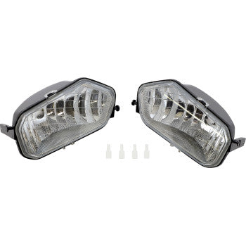 Pair of clear halogen headlights with black housing and mounting hardware designed for offroad vehicles.