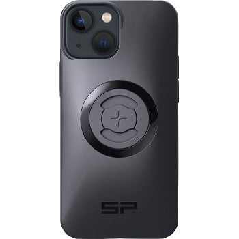 The SPC+ Phone Case iPhone® 12 13 Mini by Sp Connect is a black case with a circular magnetic ring, star-shaped center design, and SP initials at the bottom. Its MagSafe compatible for seamless wireless charging.
