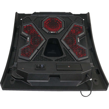 A black laptop cooling pad with red LED fans, mesh surface, control buttons, and USB cable—viewed top-down—features a tech-forward design reminiscent of the Polaris RZR Trail Audio Roof with 6 Speaker 1 Subwoofer Ride Command by MB Quart.