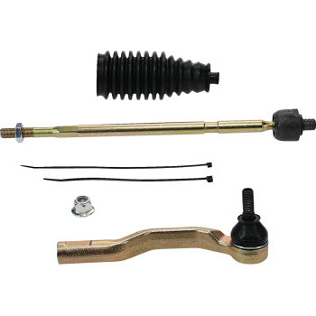 The Tie Rod End Kit Left Hand by Moose Offroad includes a heavy-duty metal rod, black rubber boot, curved metal part with ball joint, two black zip ties, and a metal nut—all displayed on a white background for OEM cost savings.