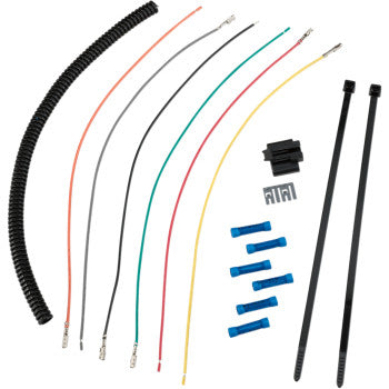 The Polaris Handlebar Switch Block Pigtail Harness by Moose Offroad features colorful wires, blue butt connectors, black cable ties, a black plastic component, a metal clip, and coiled wire sheathing neatly arranged.