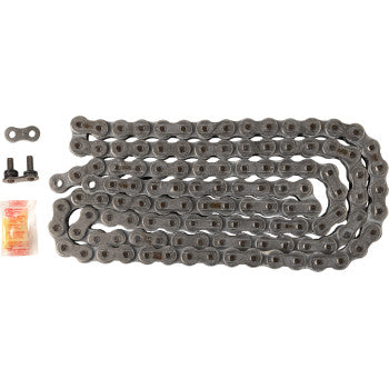 The 520 XRE Drive Chain 118 Links by RK is displayed flat on a white background, with two bolts, a connecting link, and a small lubricant packet arranged beside the metal chain.