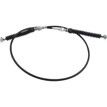 Black flexible shifter cable with metal connectors and protective rubber boots on both ends.