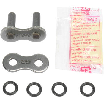 The 520 O Ring Series Rivet Connecting Master Link by Parts Unlimited includes a replacement link, metal plates, four O-rings, and a chain grease packet labeled DO NOT EAT. ALWAYS KEEP AWAY FROM A CHILD.