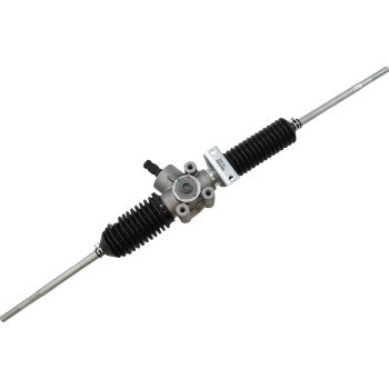 The Steering Rack by Moose Offroad is a metal assembly with black rubber boots on both ends, a central mounting plate, and tie-rod ends for use in vehicle steering systems.