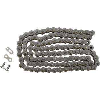 The 520 HDR Competition Chain Steel 108 Links by JT Chains is coiled on a white background, with a master link and two connecting pins positioned beside it.