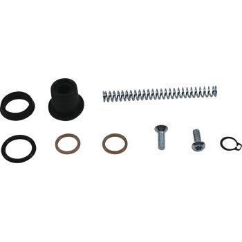 Black rubber seals, two copper washers, silver springs, two metal bolts, and a black metal clip arranged in a row.
