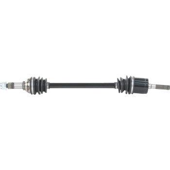 Black metal CV axle shaft with rubber boots on both ends and silver-colored splined connectors.