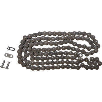 The 428 Standard Drive Chain 124 Links by Did is displayed in a loose coil with a separate connecting link and two metal pins beside it on a white background.