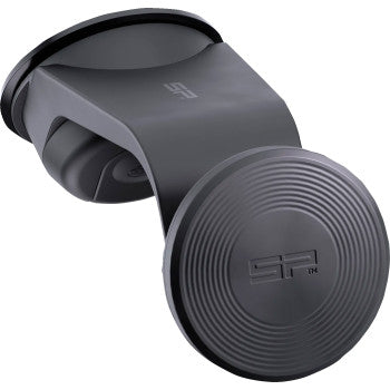 The Phone Mount Suction Cup SPC+ Charging by Sp Connect is a black, modern car mount with a circular magnetic charging pad and sturdy arm for dashboards or windshields, offering secure attachment and subtle branding for use with magnetic phone cases.