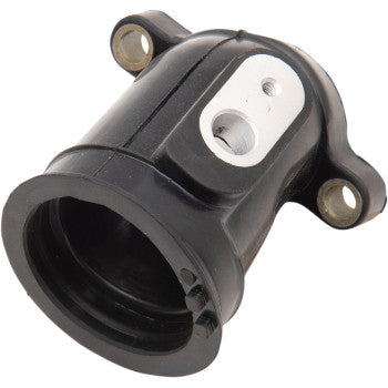 The Polaris Replacement Intake Boot by Quad Logic is a black plastic and metal cylindrical automotive part with two mounting holes, a flange, and a silver section with circular holes. It features an integrated rubber seal for a secure OEM-style fit.